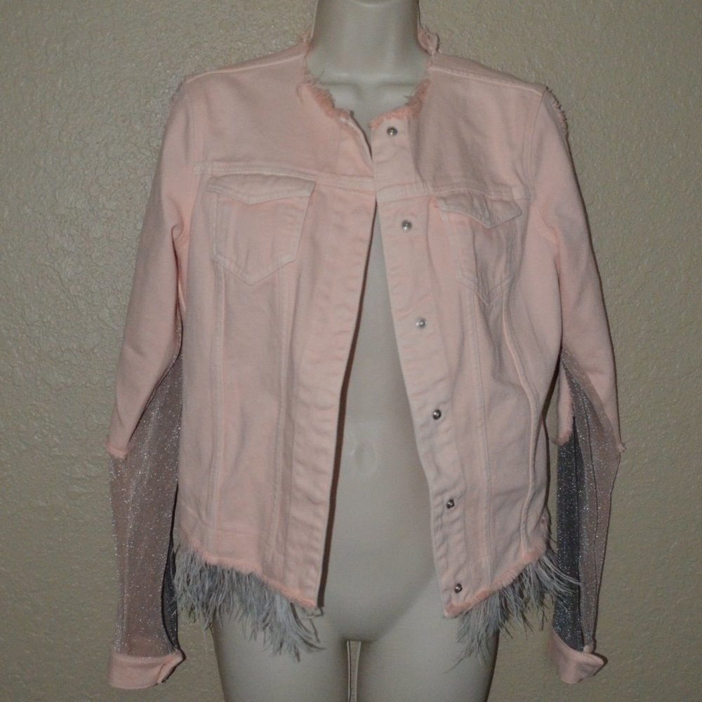 Sz S AVIU Peach Gray Fringe Denim Mesh Back Jacket